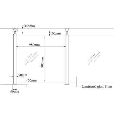 Målskisse for glassrekkverk og overligger