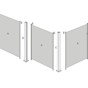 A. Klarglass/ frostet glass B. Endestolpe C. Hjørnestolpe D. Midtstolpe E. Glassfeste Silverlakkert eller antrasitt grå