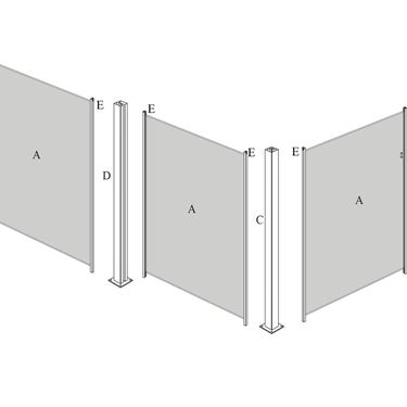 A. Klarglass/ frostet glass B. Endestolpe C. Hjørnestolpe D. Midtstolpe E. Glassfeste Silverlakkert eller antrasitt grå