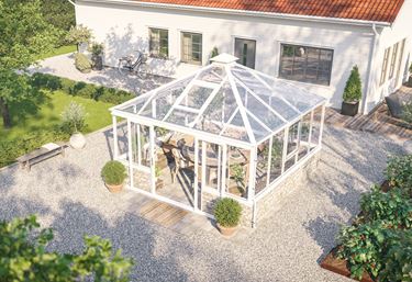 Luksuriøst lysthus i grønn og frodig hage